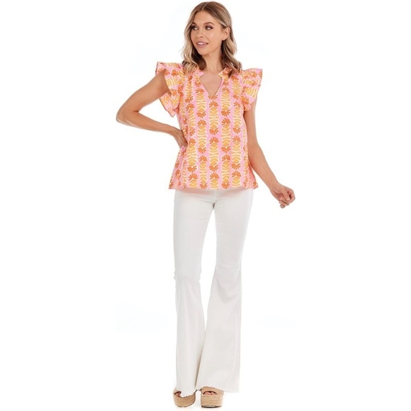 Mud Pie Becky Colorful Flutter Sleeve Cotton Poplin V-Neck Resort Style Top Sz M - Picture 4 of 12
